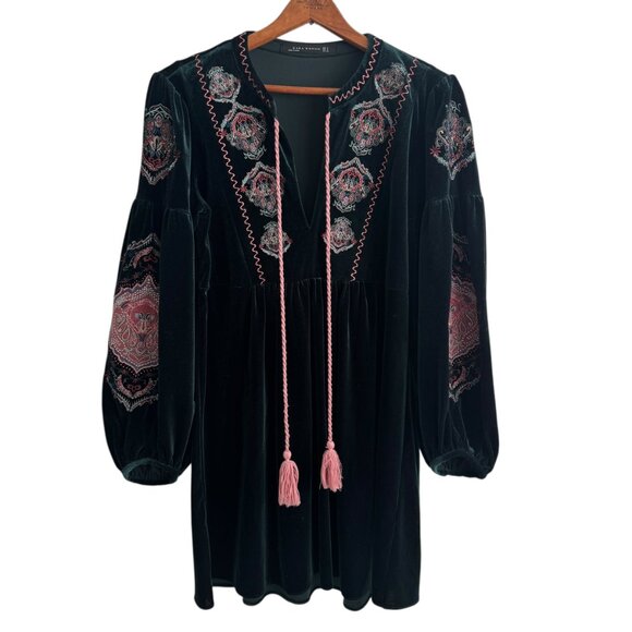 ZARA Woman Dark Green Velvet Embroidered Tunic Dress Size SMALL Boho Romantic - Picture 4 of 13